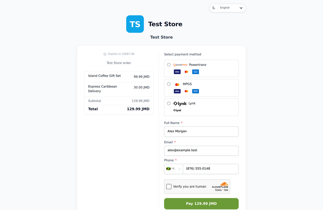 Genius Checkout Test Store payment page opened from a storefront order