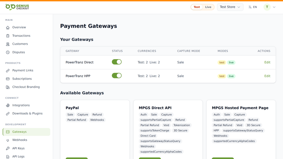 Genius Checkout gateways page listing Wompi alongside PowerTranz, MPGS, and other supported processors