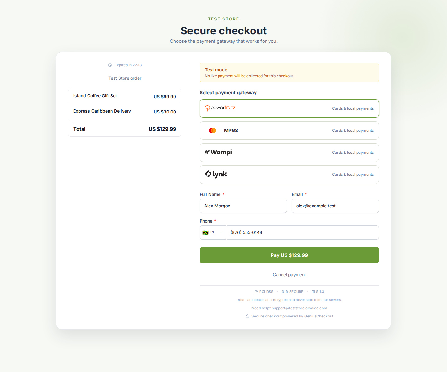 A local Test Store checkout showing Lynk as its own wallet payment choice