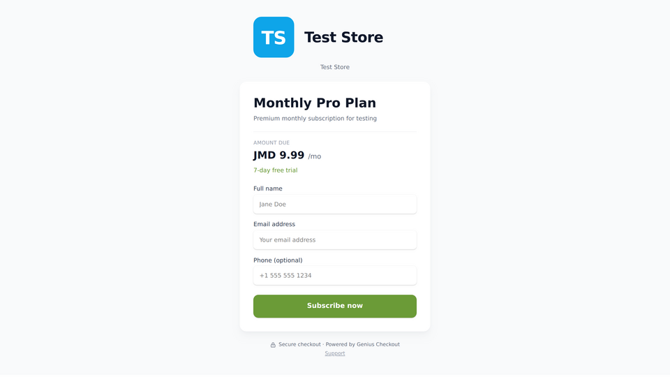 Subscription payment link confirmation showing the recurring schedule and first charge amount