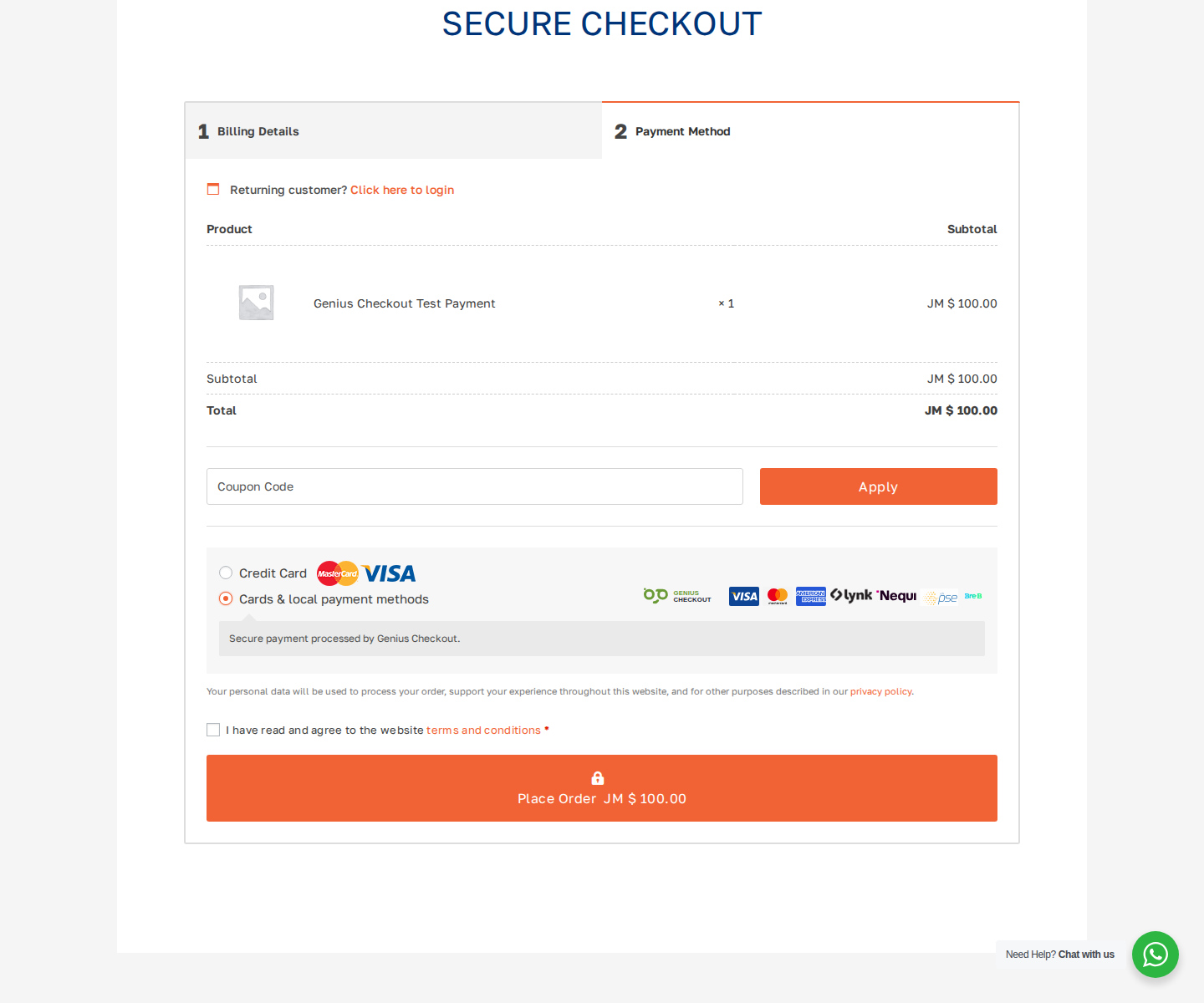 WooCommerce Test Store checkout showing Genius Checkout and accepted payment-method logos