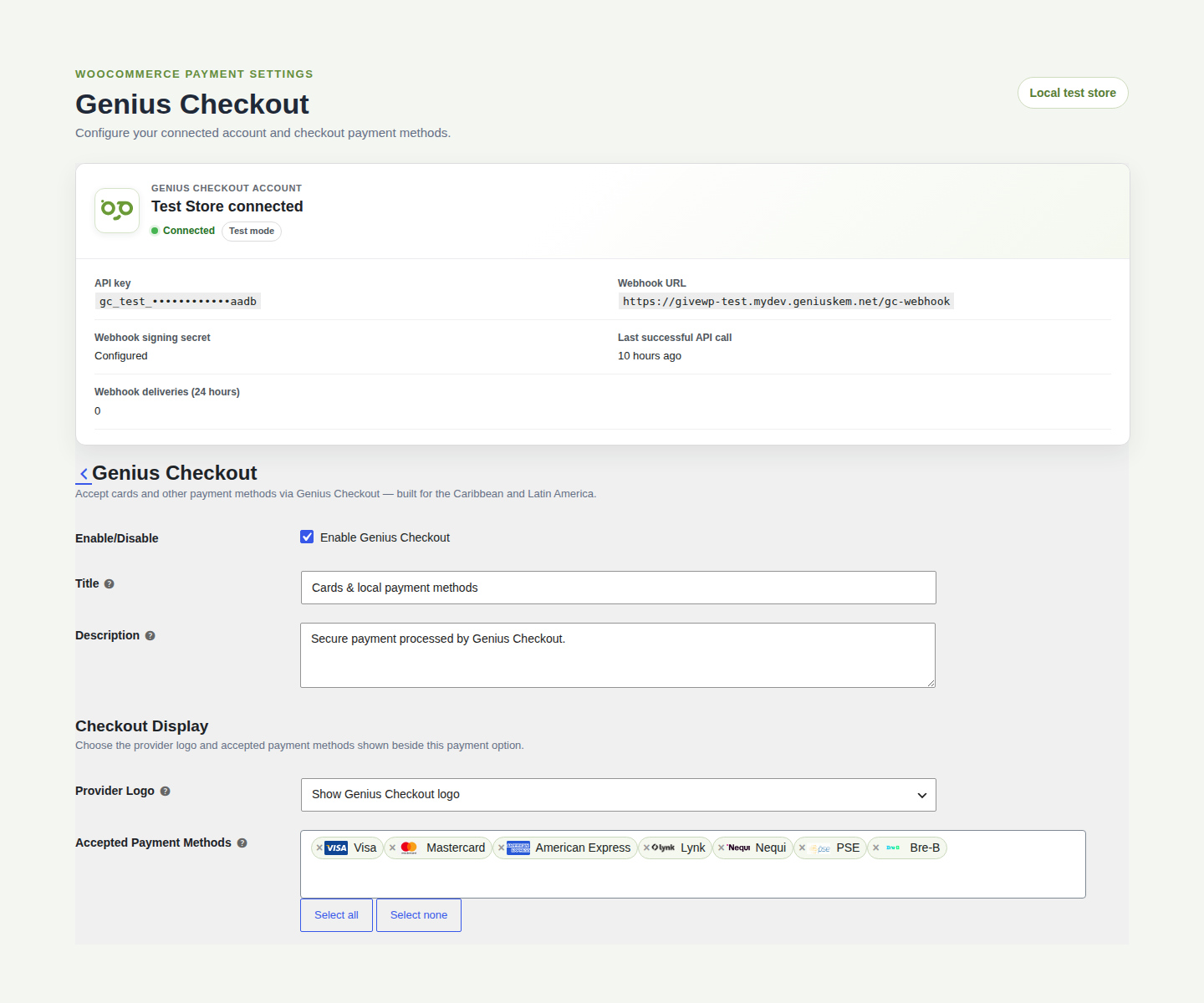 Genius Checkout settings inside WooCommerce using a local Test Store account