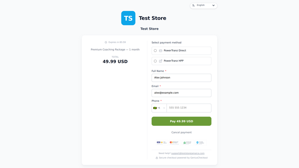 Genius Checkout hosted payment page on desktop