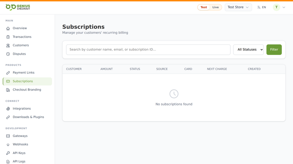 Subscription list with billing schedules and dunning state